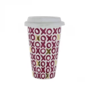 Image of Hugs & Kisses Travel Mug Pink and Gold 15cm