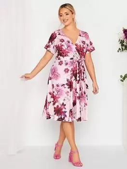 Image of Yours Wrap Floral Skater Dress - Pink, Size 16, Women