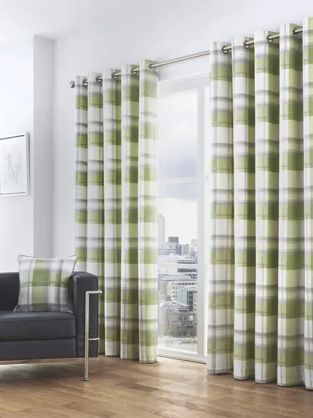Image of Fusion 'Balmoral Check' Country Checked Pattern Pair of Eyelet Curtains Green