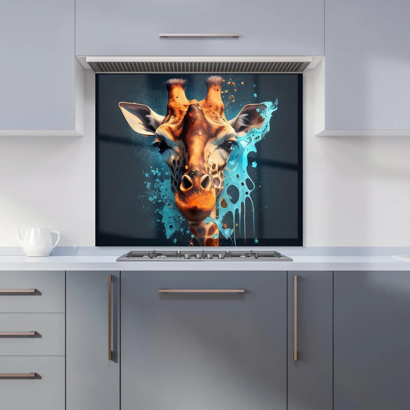 Image of Warren Reed - Designer Blue Giraffe Face Splashart Kitchen Splashback in Grey Size: 600mm x 750mm Grey Unisex 600mm x 750mm