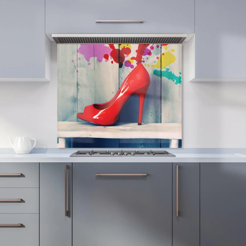Image of Warren Reed - Designer Retro Red Shoes Kitchen Splashback Size: 700mm x 650mm Red Unisex 700mm x 650mm