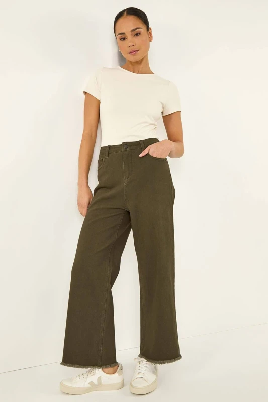 Image of Roman Womens Petite Cotton Frayed Hem Trouser in Khaki Size: 12 Khaki Female 12