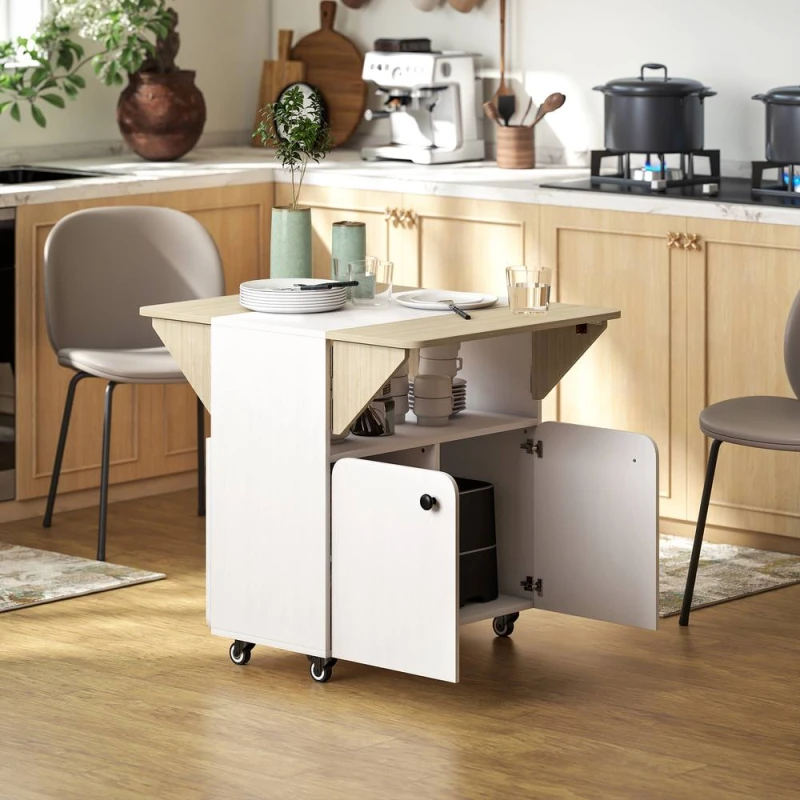Image of HOMCOM Folding Dining Table, Rolling Drop Leaf Table with Hidden Shelf in White White Unisex