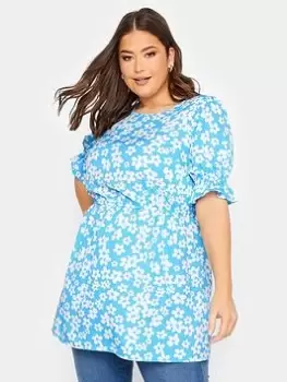 Image of Yours Yours Short Sleeve Top Blue Large Floral, Blue, Size 16, Women