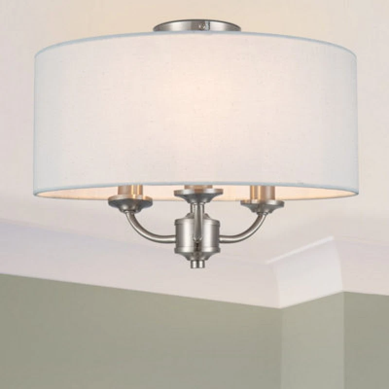 Image of Cosylyte Winston 3 Light Classic Faux Linen Shade Ceiling Light - Brushed Nickel