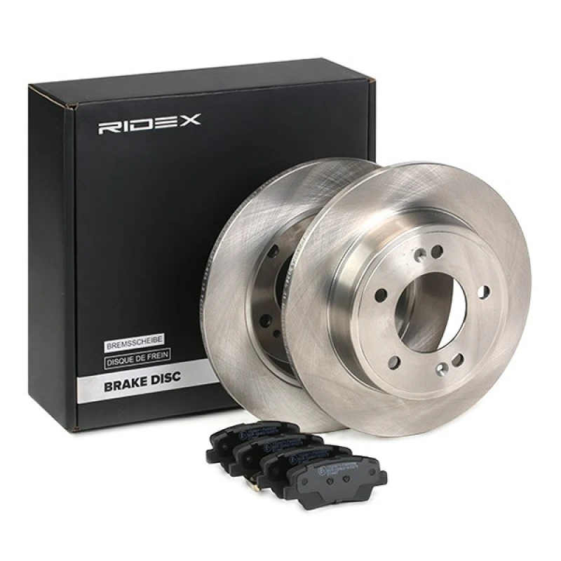 Image of RIDEX 3405B0414 Brake disc and pads set Rear Axle, Brake Disc Type: Solid, with acoustic wear warning Brake Set,disc brakes (3405)