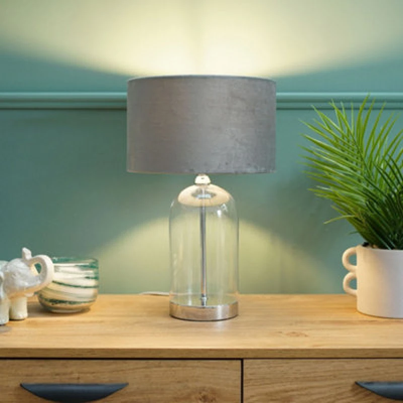 Image of ValueLights Jessy Chrome Glass Table Lamp With Grey Shade Silver unisex