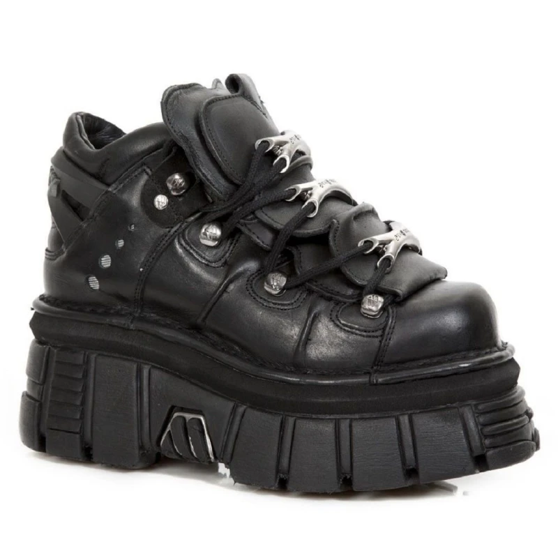 Image of New Rock New Rock 106-S29 Tower Shoes Metallic Leather Biker Punk Gothic Boots Black unisex