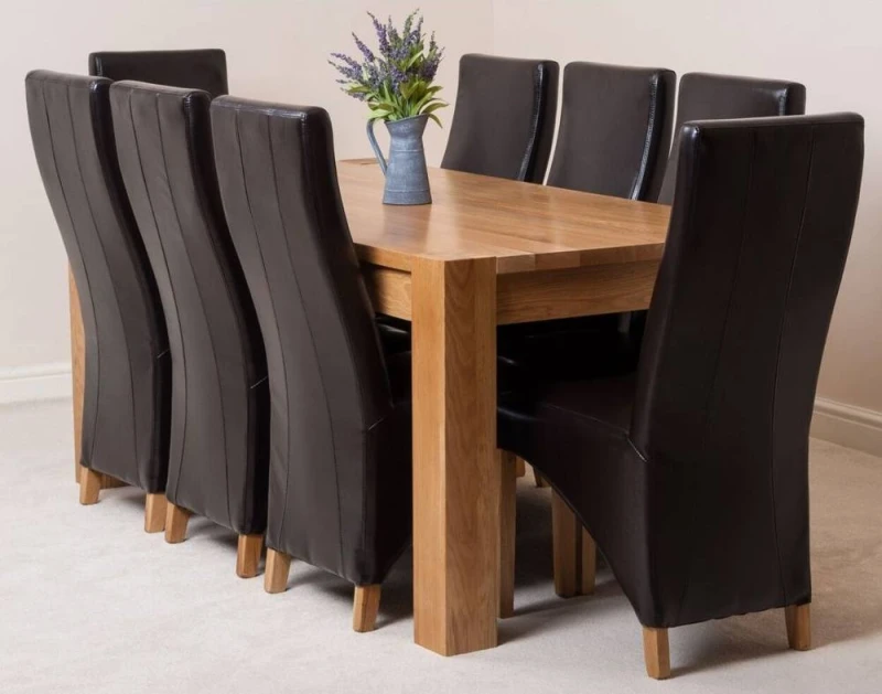 Image of Thats Furniture Kuba 180 x 90cm Chunky Oak Dining Table & 8 Lola Leather Chairs in Brown Brown Unisex 180 x 90 cm