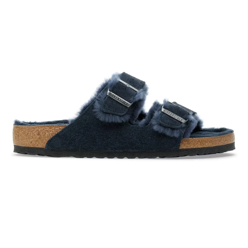 Image of Birkenstock Sandals Birkenstock Arizona Shearling Suede Leather/Fur New Navy (Etroit) Bleu Unisex 38 Etroit