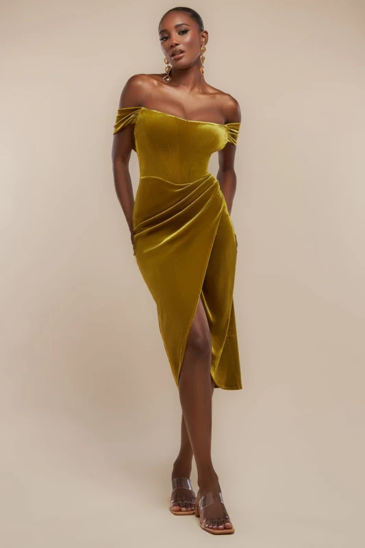 Image of Goddiva Womens Draped Shoulder Velvet Corset Midi in Olive Size: 8 Olive Female 8