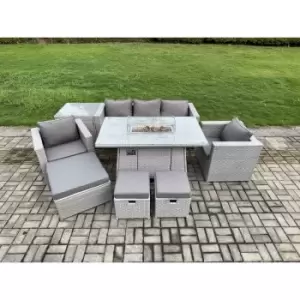 Image of Fimous 5 Seater Outdoor Light Grey Rattan Lounge Sofa Complete Set with Gas Fire Pit, Side Table, 2 Stools and Big Footstool