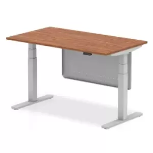 image of Air 1400 x 800mm Height Adjustable Desk Walnut Top Silver Leg With Silver Steel Modesty Panel