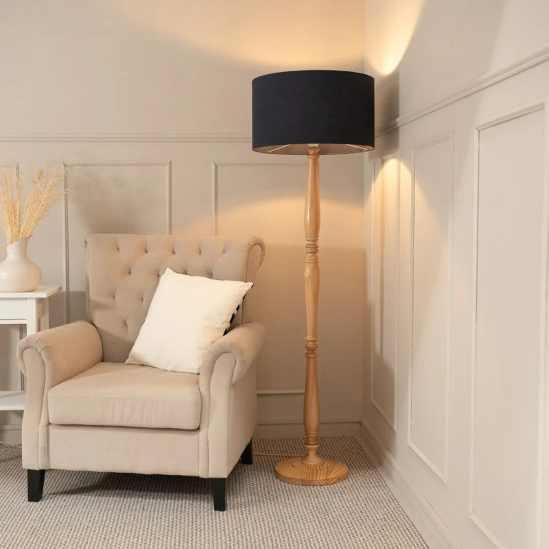 Image of ValueLights Victoria Light Wood Traditional Floor Lamp with Fabric Drum Shade and LED Bulb Charcoal