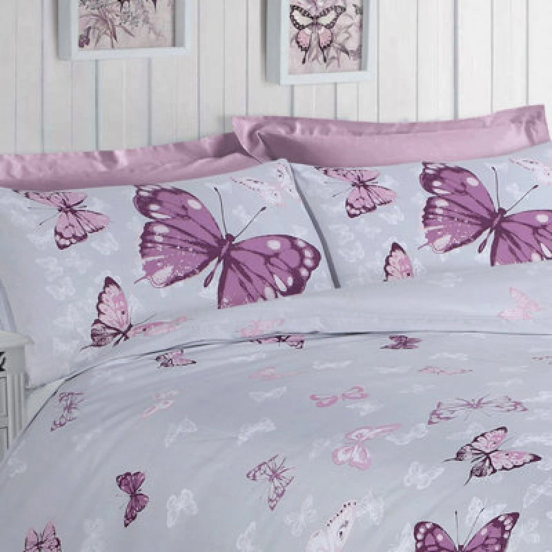 Image of Velosso Butterfly Glaze Cotton Rich Printed Duvet Cover & Pillowcase Set in Grey Size: Double Grey Unisex Double