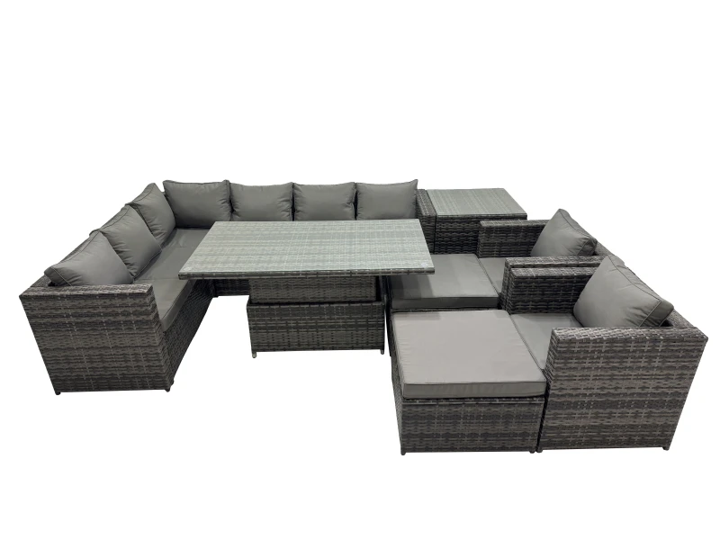 Image of Fimous 10-Seater Height Adjustable Rising Lifting Table Corner Sofa Set Rattan Garden Furniture Set With 2 Big Stools Side Table