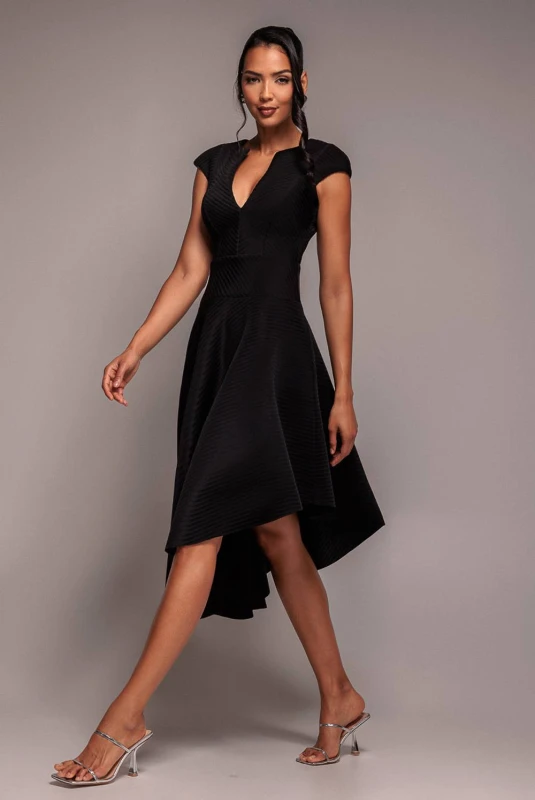 Image of Goddiva Womens Cap Sleeve Textured Skater Asymmetric Midi Dress in Black Size: 8 Black Female 8