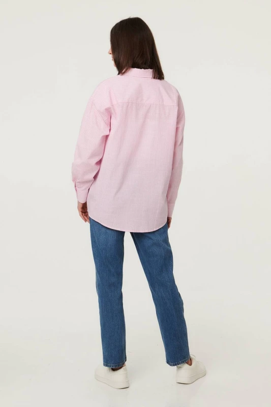Image of Izabel London Womens Striped Long Sleeve Button Front Shirt in Pink Size: 10 Pink Female 10