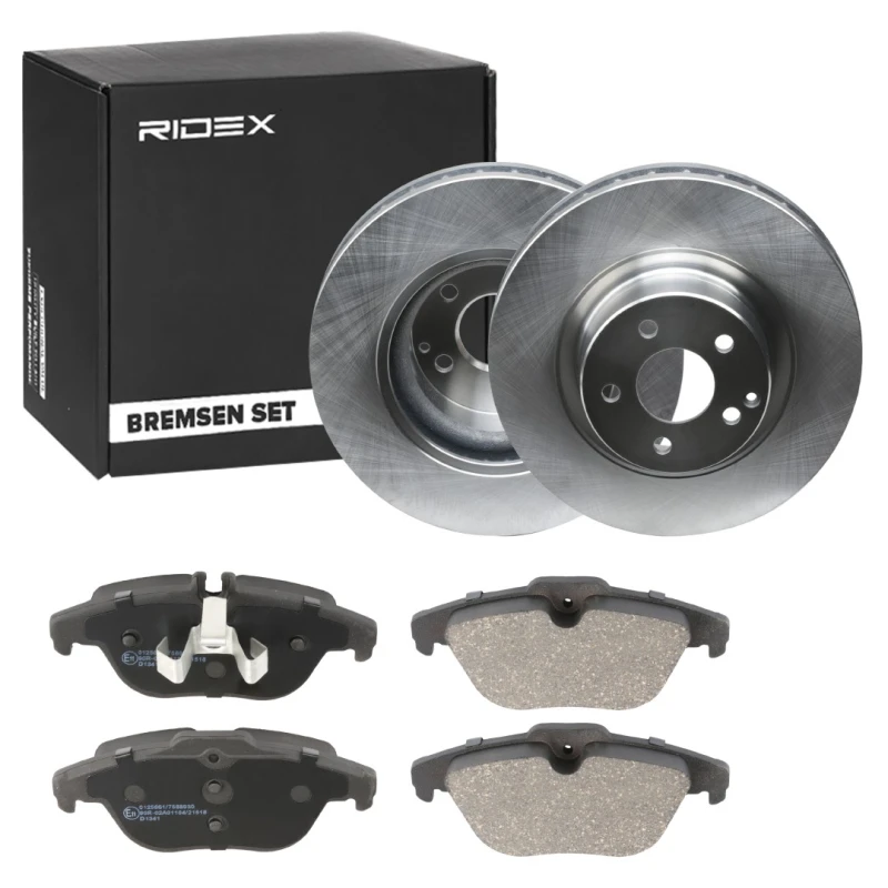 Image of RIDEX 3405B1371 Brake disc and pads set Rear Axle, Brake Disc Type: internally vented, prepared for wear warning indicator Brake Set,disc brakes (340