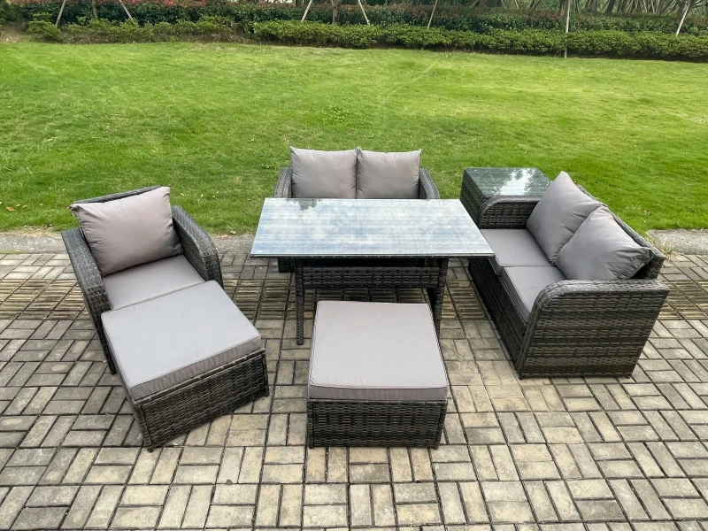 Image of Fimous Lounge Rattan Sofa Set Outdoor Garden Furniture Oblong Rectangular Dining Table With Chairs 2 Big Footstool Side Table 7 Seater in Dark Grey Da