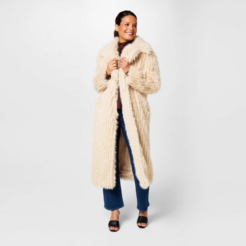 Image of Biba Womens Clipped Longline Faux Fur Long Sleeve Button-Up Coat Cream female 12 (M)
