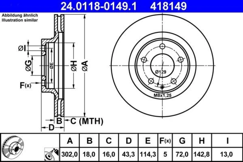 Image of ATE 24.0118-0149.1 Brake disc Vented, Coated Brake Disc (82)