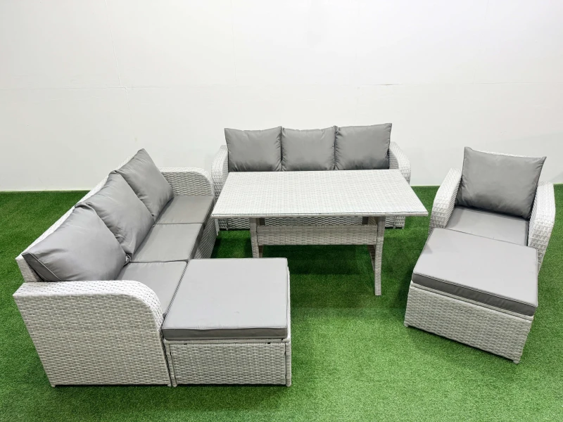 Image of Fimous 9 Seater Poly Rattan Outdoor Garden Furniture Rectangular Dining Table Sofa Set Patio 3 Seater Sofa Reclining Chair 3 Seater Sofa 2 Big Footsto