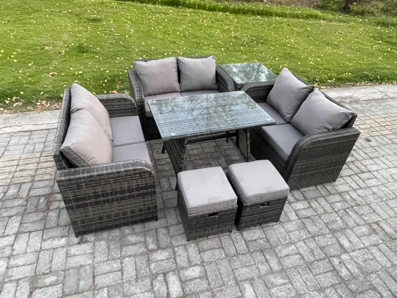 Image of Fimous Rattan Garden Furniture Set 8 Seater Patio Outdoor Love Sofa Set with Rectangular Dining Table Side Table 2 Small Footstools Dark Grey