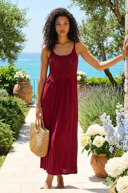 Image of Roman Womens Petite Crochet Contrast Midi Dress in Wine Size: 16 Wine Female 16