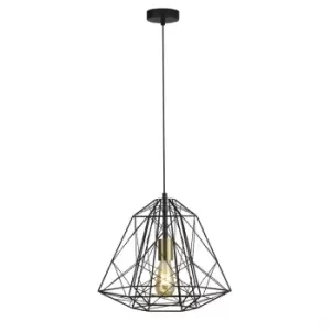 image of Geometric Cage 1 Light Pendant Matt Black, Satin Brass, E27