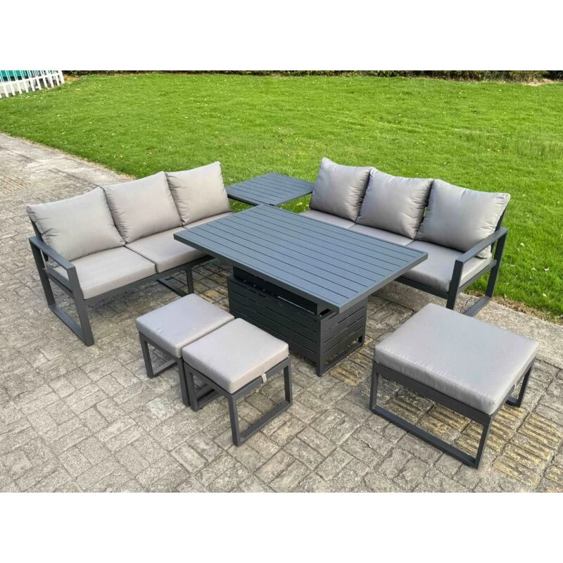 Image of Fimous Aluminum 7 Piece Sofa Set with Lifting Table, Side Table, Cushions in Dark Grey Dark Grey Unisex