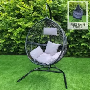 Image of Jardi - Black Egg Chair Rattan Hanging Swing Bench Garden Patio Outdoor Indoor with Cushions - Black