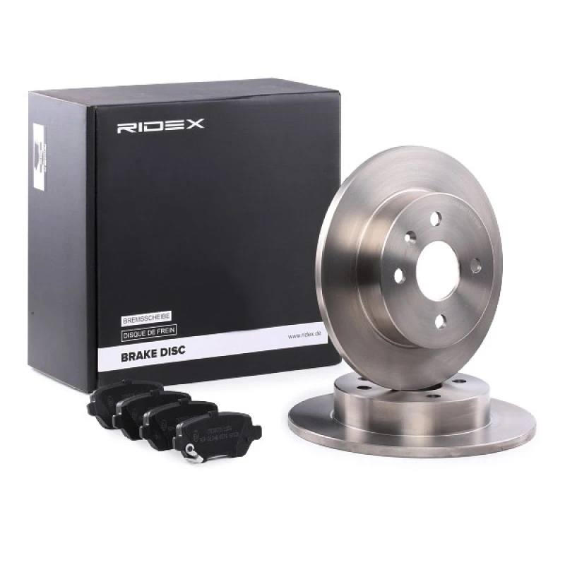 Image of RIDEX 3405B0048 Brake disc and pads set Rear Axle, Brake Disc Type: Solid Brake Set,disc brakes (3405)
