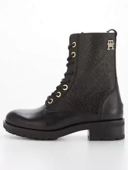 Image of Tommy Hilfiger TH Monogram Biker Boots - Black, Size 41, Women