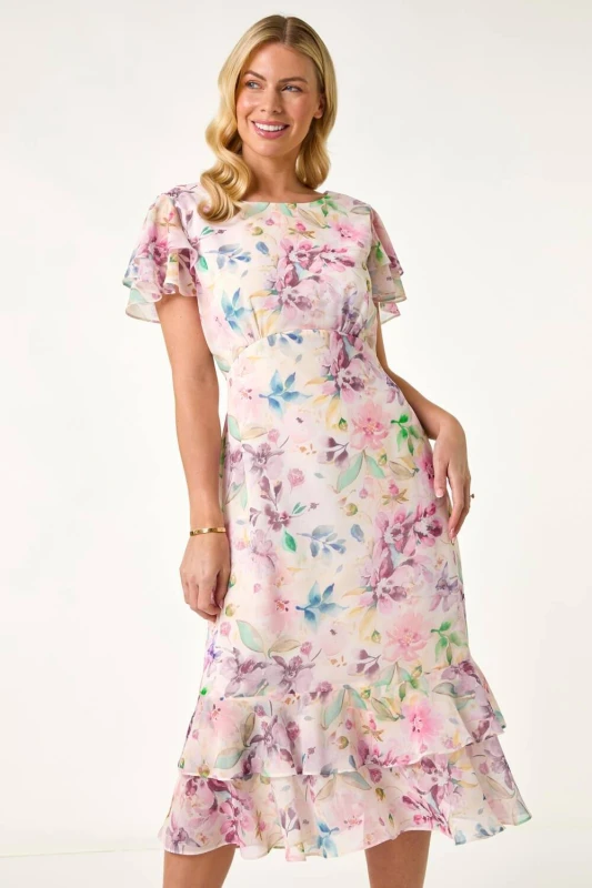 Image of Roman Womens Petite Floral Double Frill Dress in Pink Size: 12 Pink Female 12