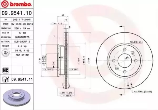 Image of BREMBO Brake disc HYUNDAI 09.9541.11 517121C050 Brake rotor,Brake discs,Brake rotors