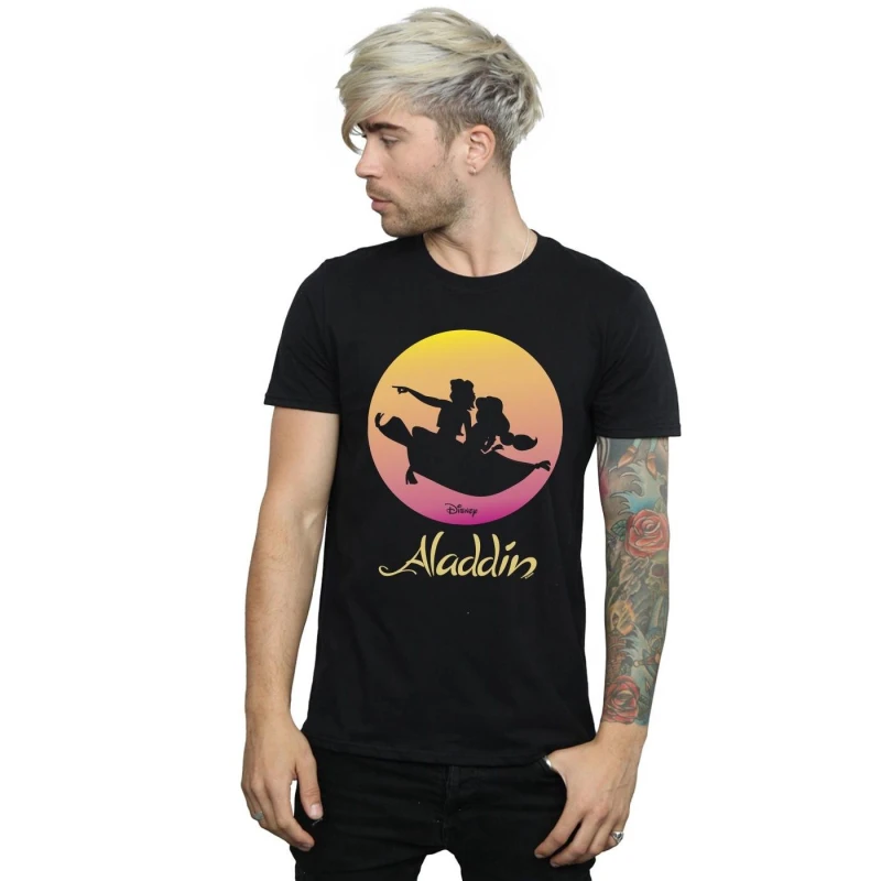 Image of Disney Men Aladdin Flying Sunset T-Shirt in Black Size: Small Black S Male 5059568045638