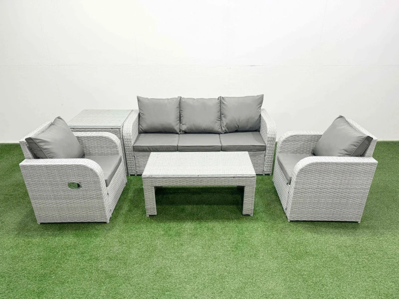 Image of Fimous PE Rattan Garden Furniture Set Reclining Chair Sofa Lounge Sofa Set Rectangular Coffee Table Side Table Light Grey Light Grey