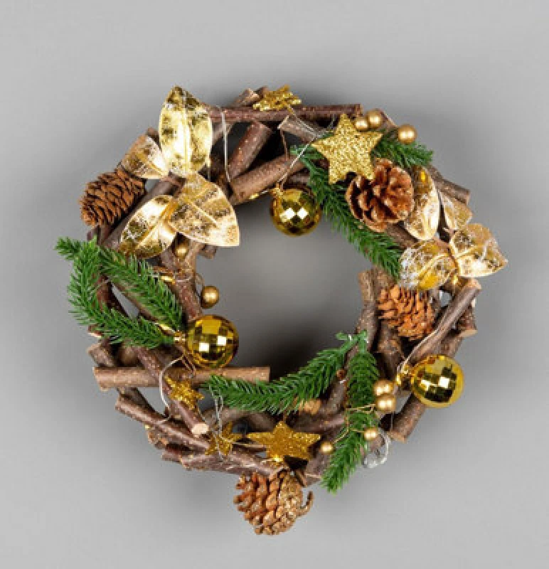 Image of Shatchi 22cm Prelit Battery Operated Christmas Home Hanging Wooden Twigs Base Decorated with Micro Rice LED Lights Gold