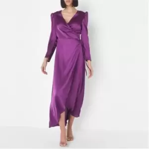 image of Missguided Puff Sleeve Wrap Front Satin Midaxi Dress - Purple