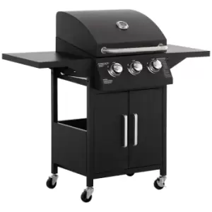 Image of Outsunny 3 Burner Gas Grill Portable BBQ Trolley W/ 4 Wheels And Side Shelves