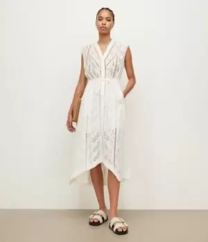 Image of AllSaints Womens Womens Viscose Floral Regular Fit Tate Broderie Silk Blend Dress, White, Size: 6, White