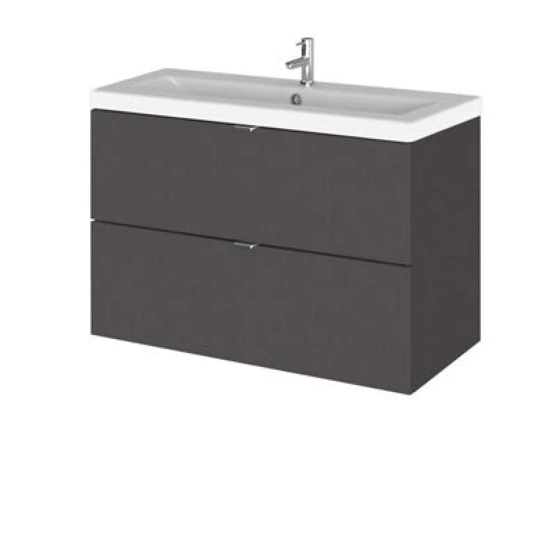 Image of Hudson Reed Fusion Wall Hung 2 Drawer Vanity Unit & Ceramic Basin, Stylish Sink Vanity Unit, Gloss Grey, 800mm
