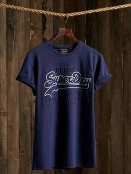 image of Superdry Vintage Label Embossed T-Shirt - Blue, Size 2XL, Men