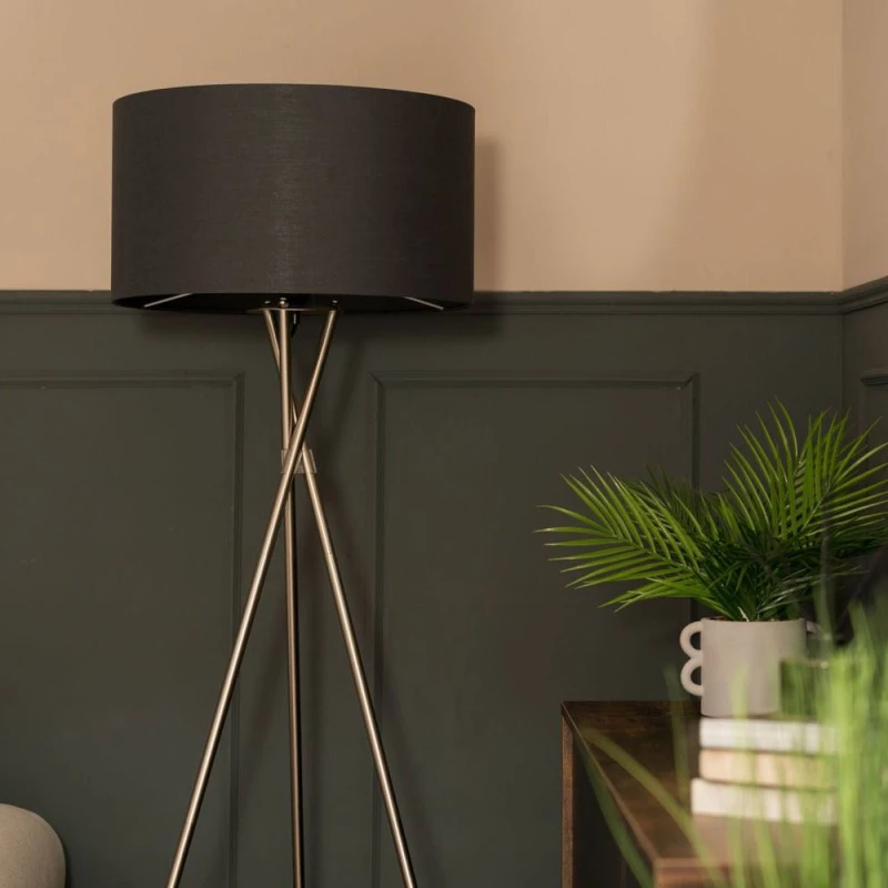Image of ValueLights ValueLights Camden Polished Chrome Tripod Floor Lamp with Drum Lamp Shade and Bulb in Charcoal Charcoal One Size Unisex 5055759991579