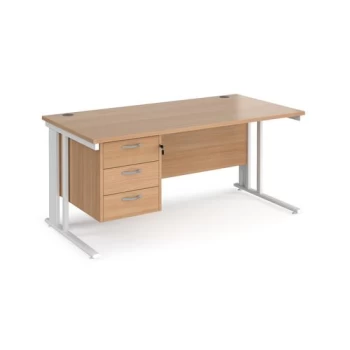 Image of Office Desk Rectangular Desk 1600mm With Pedestal Beech Top With White Frame 800mm Depth Maestro 25 MCM16P3WHB