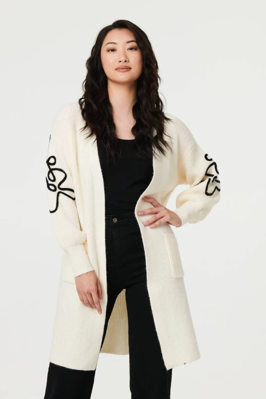 Image of Izabel London Womens Floral Trim Detail Longline Cardigan in Ivory Size: 10 Ivory Female 10