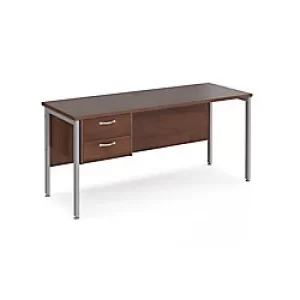 image of Rectangular Straight Desk Walnut Wood H-Frame Legs Silver Maestro 25 1600 x 600 x 725mm 2 Drawer Pedestal