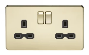 Image of KnightsBridge 2G DP 13A Screwless Polished Brass 230V UK 3 Pin Switched Electric Wall Socket - Black Insert
