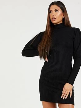 image of Quiz Grey Puff Sleeve Knitted Jumper Dress - S